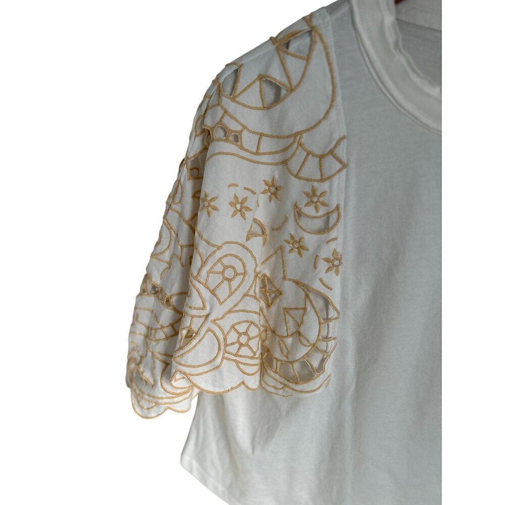 Free People Angel Embroidered Flutter Sleeve Cotton T-Shirt White - XS - Picture 6 of 12